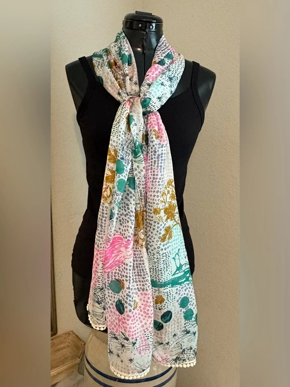 White Stuff 100% Silk Long Scarf Floral Abstract Print Tassel Trim 74x20.